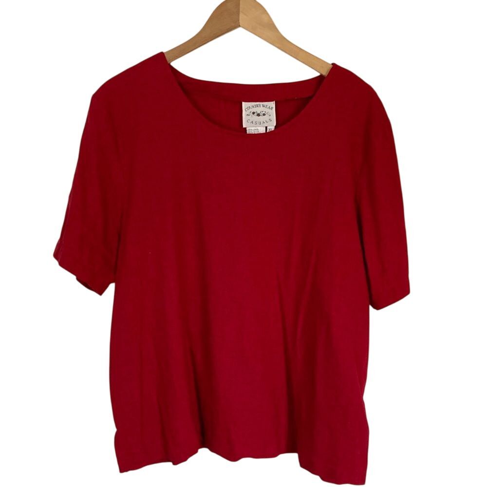 Country Wear Casuals Womens Short Sleeve Linen Blend Top Size XL Red Classic